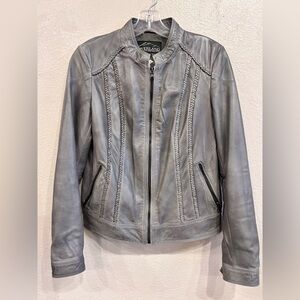 Overland Gray Braided Genuine Leather Jacket Size XS Full Zip Pockets Lined